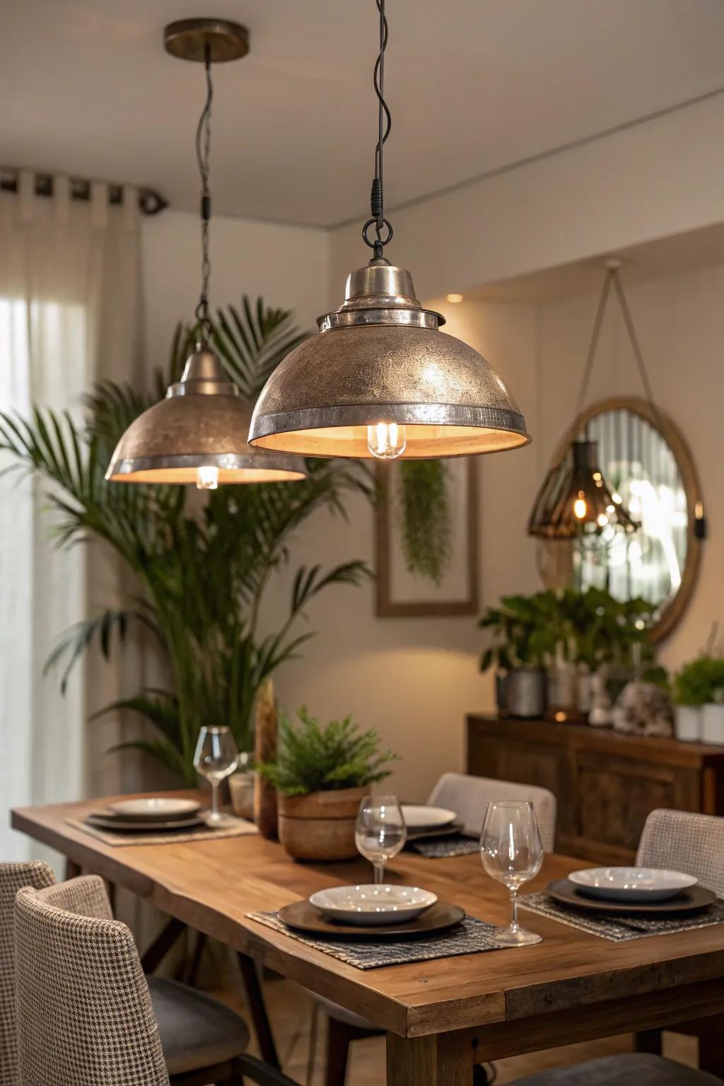 Metallic hanging lights incorporating glamour to a feast area.
