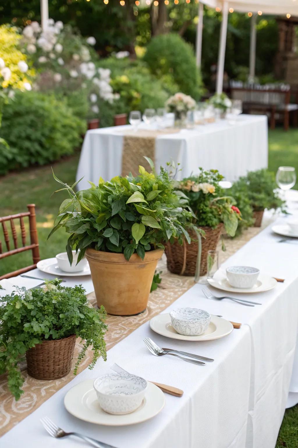 Eco-friendly potted herbs function as lovely table focal points.