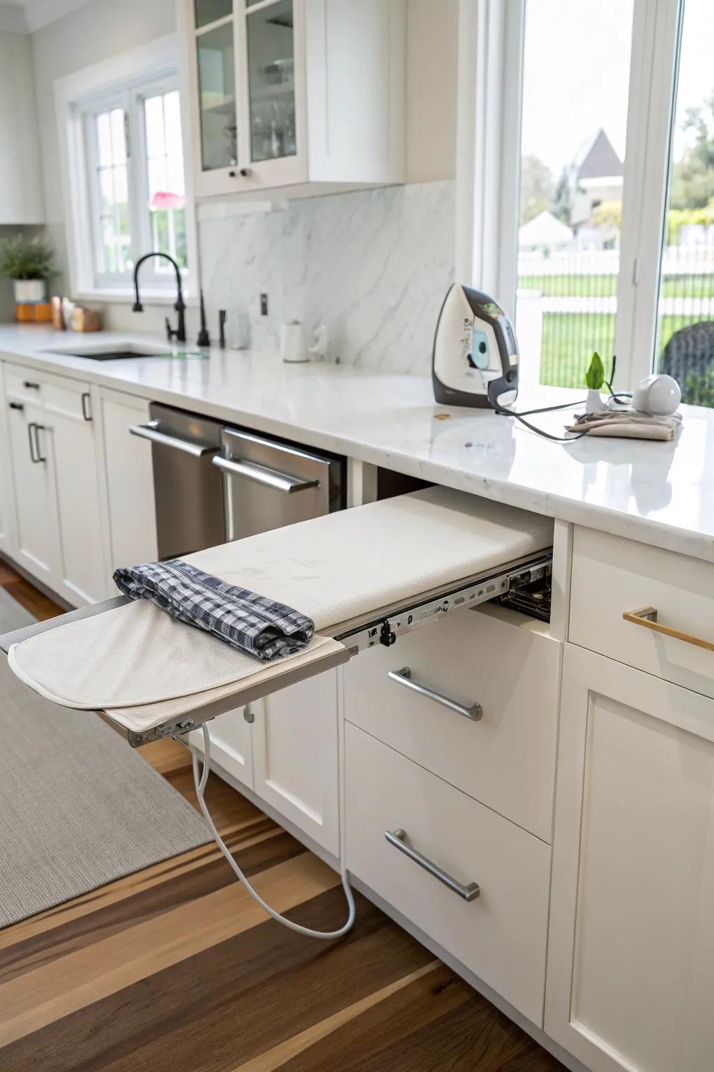 A pull-out drawer ironing surface in a modern cooking area.