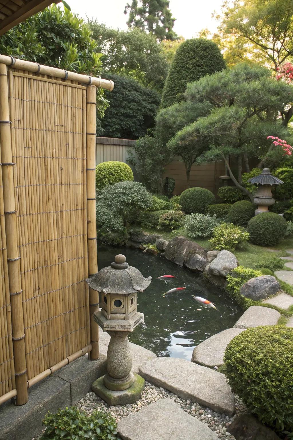 A bamboo screen providing privacy within a Japanese garden.