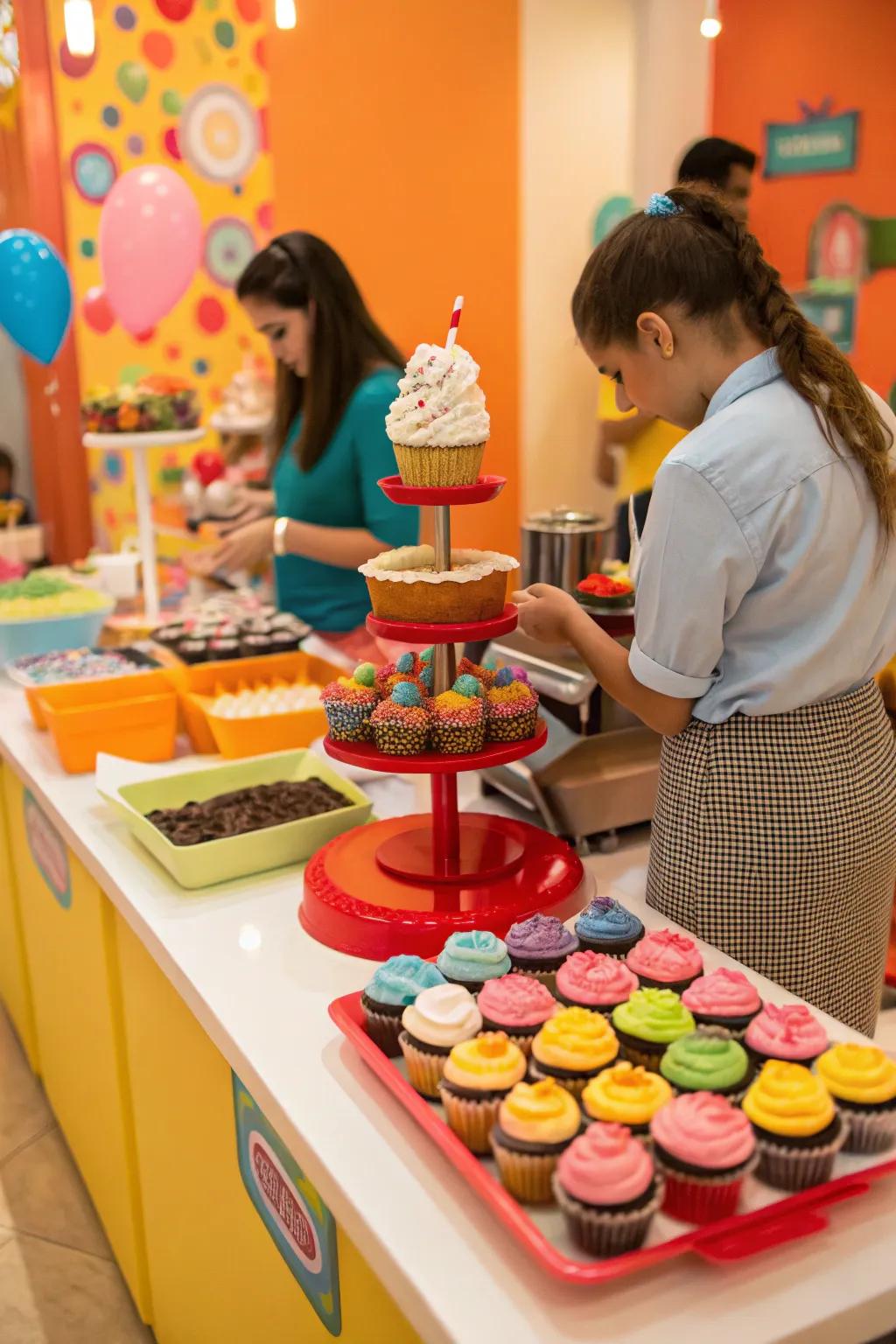An interactive cake station showcasing cupcakes and toppings for embellishment.