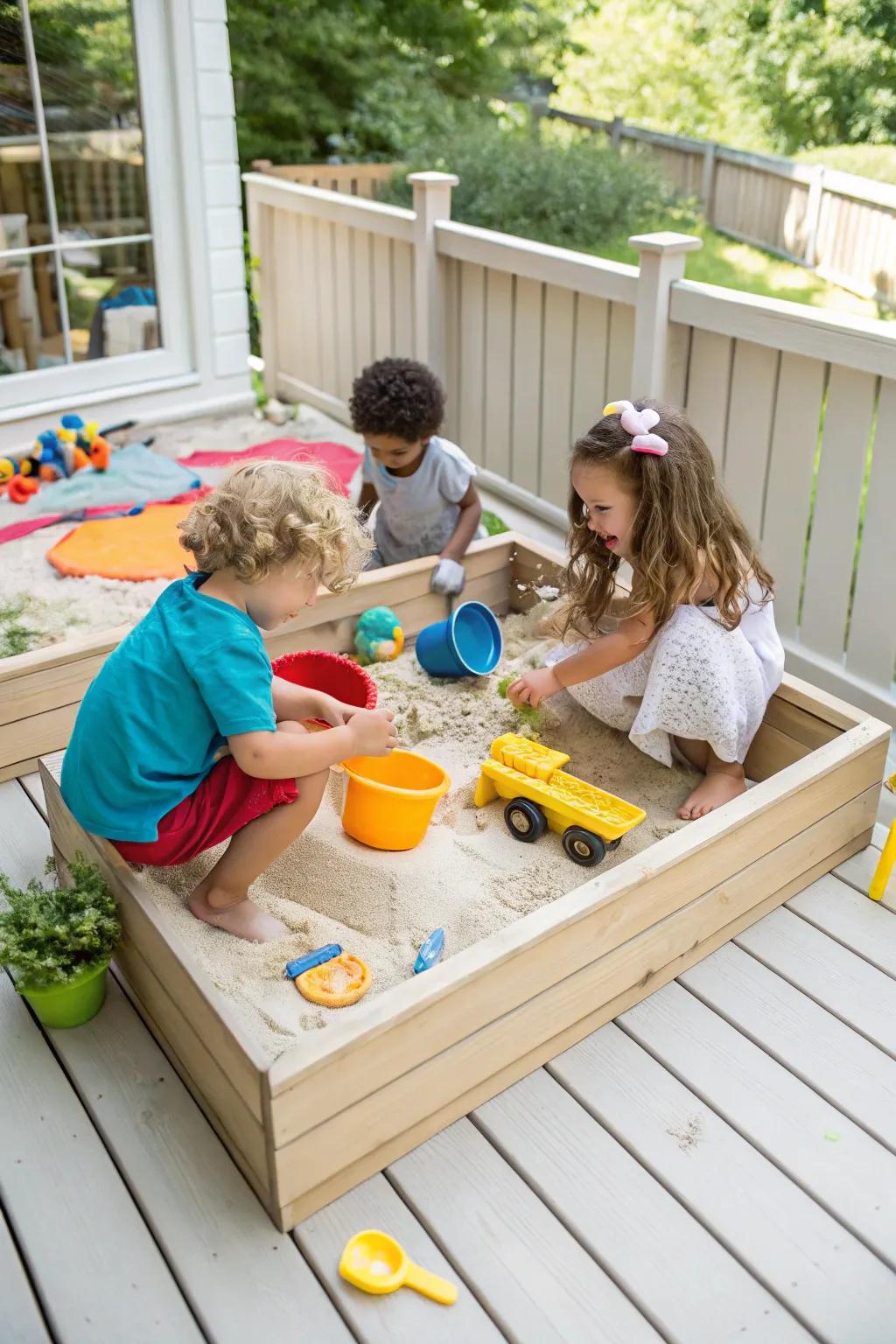 A deck featuring a sandpit filled with various toys where kids are busy creating sandcastles.