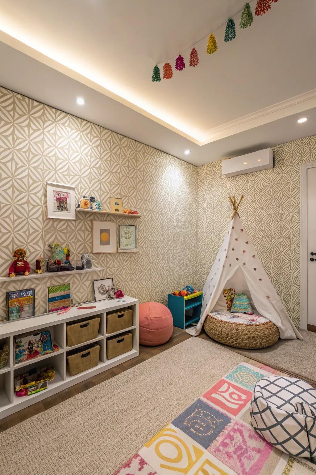 A playroom is enriched with textured wallpaper, inviting touch and exploration.