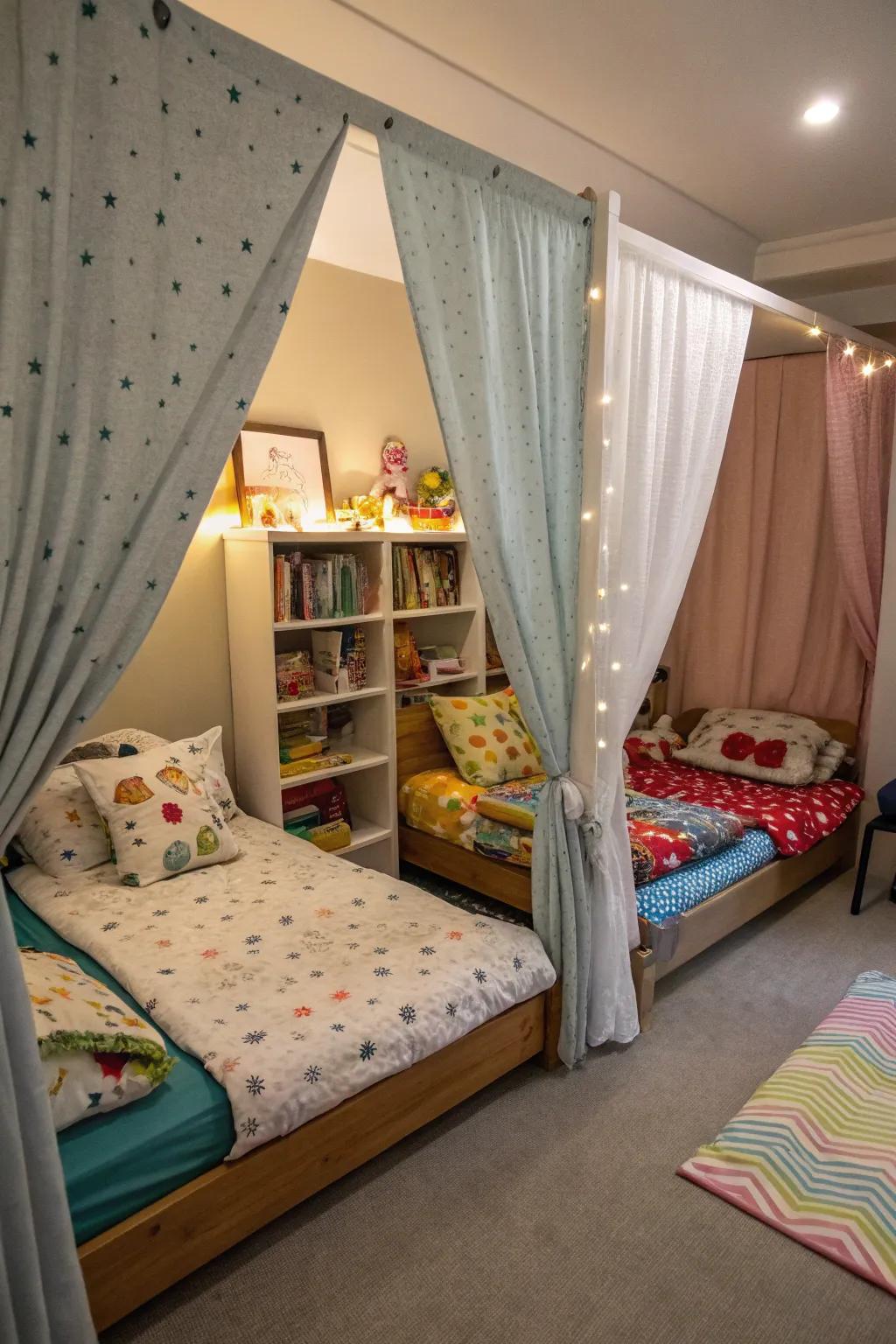 Drapes serve as a straightforward solution for privacy and separation.