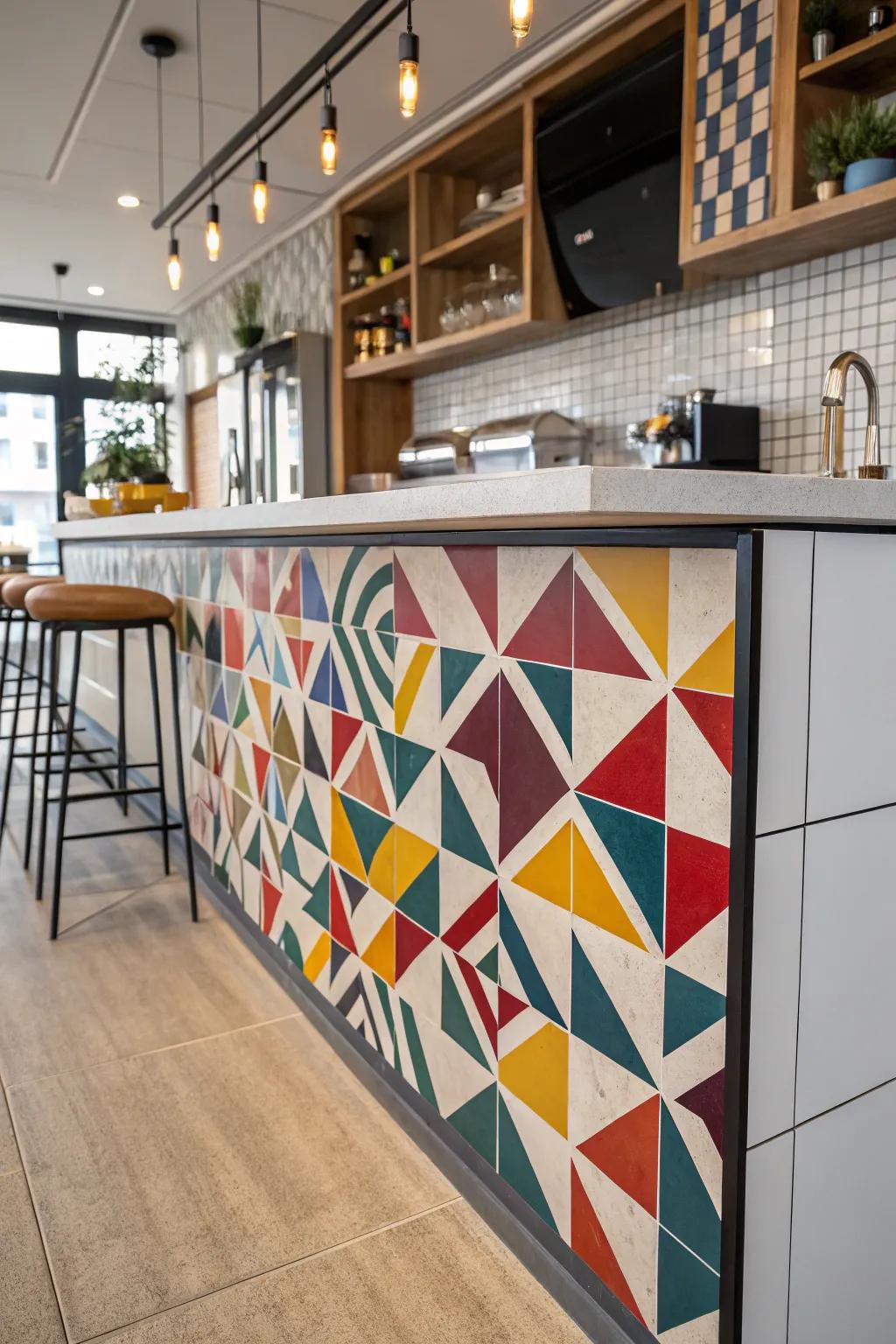 Dramatic tiles add character and flair to the kitchen bar.