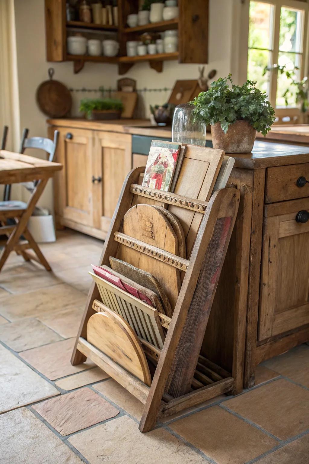 A vintage periodical rack offers a unique method to exhibit chopping surfaces with charm.