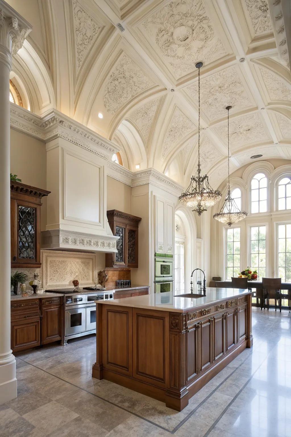 Tiered trim complements tall ceilings.
