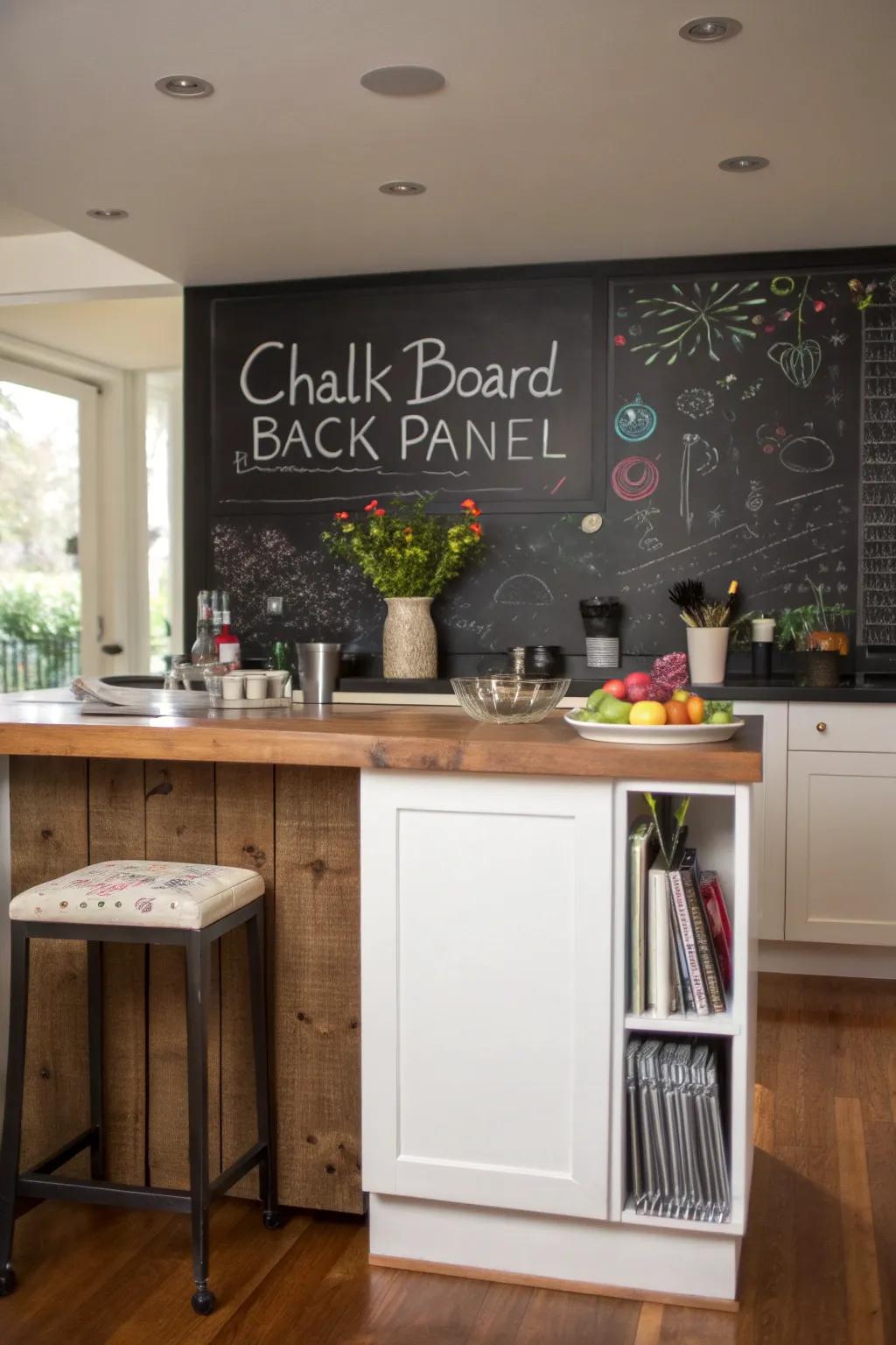 A chalkboard rear facade appends a playful and interactive stroke to this cooking area focal point.
