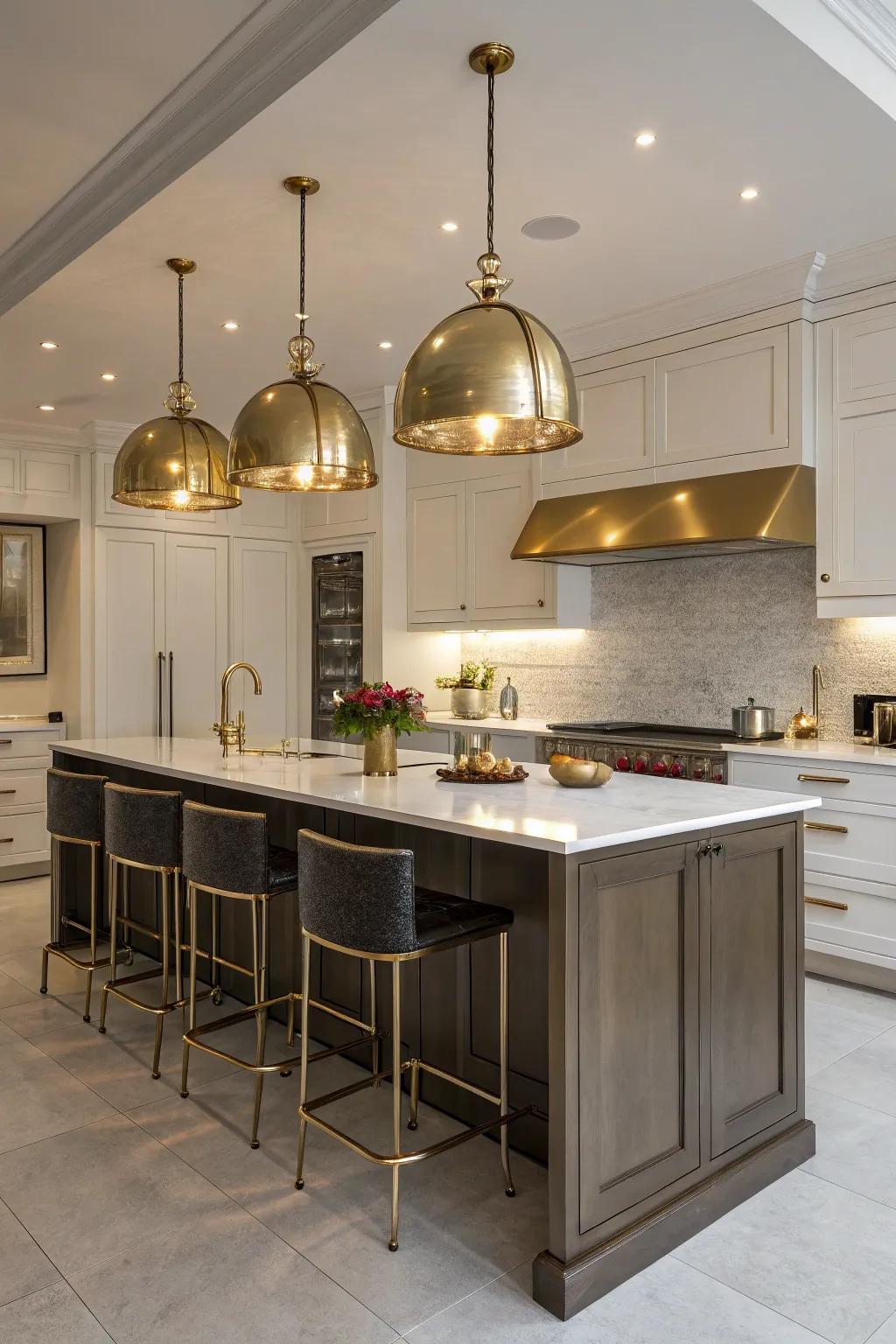 Brass finishes effortlessly bring the kitchen's design together.