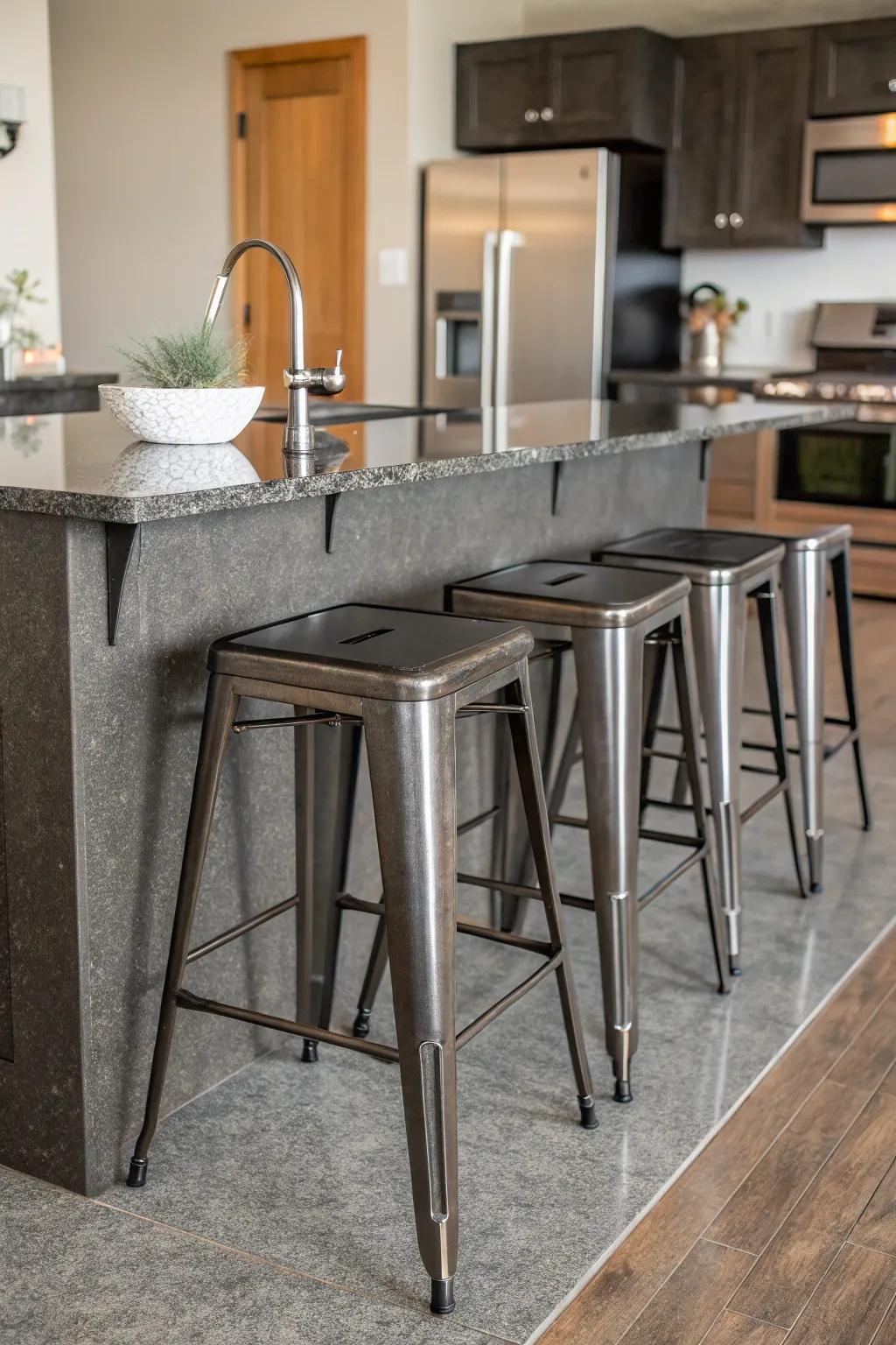 Metal seating introduces an industrial vibe into your kitchen.