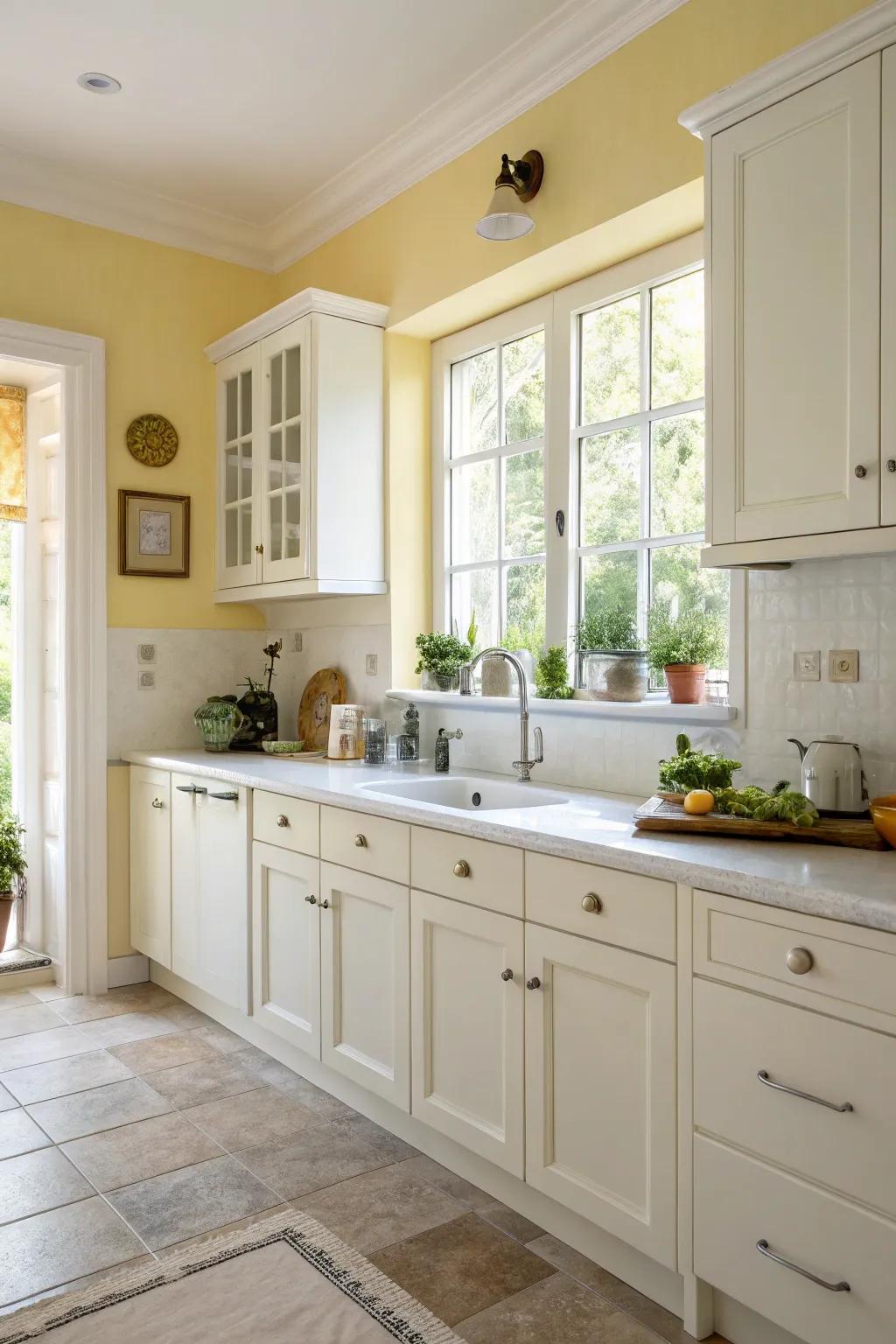 Soft pastel yellow walls add a cheerful and sunny vibe.