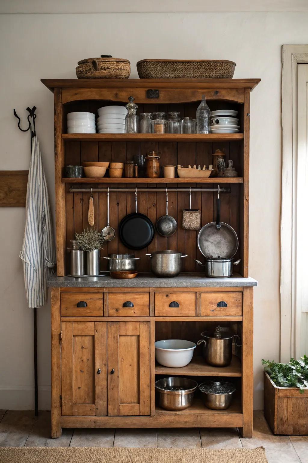 Repurposed relics can function as captivating and useful kitchen racks.