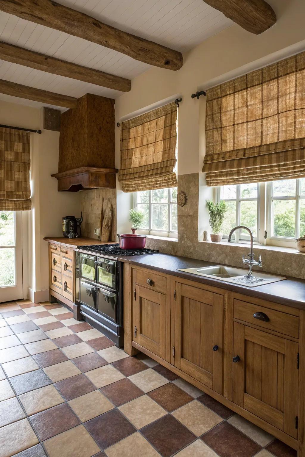 Earthy tones impart rustic charm to the kitchen.