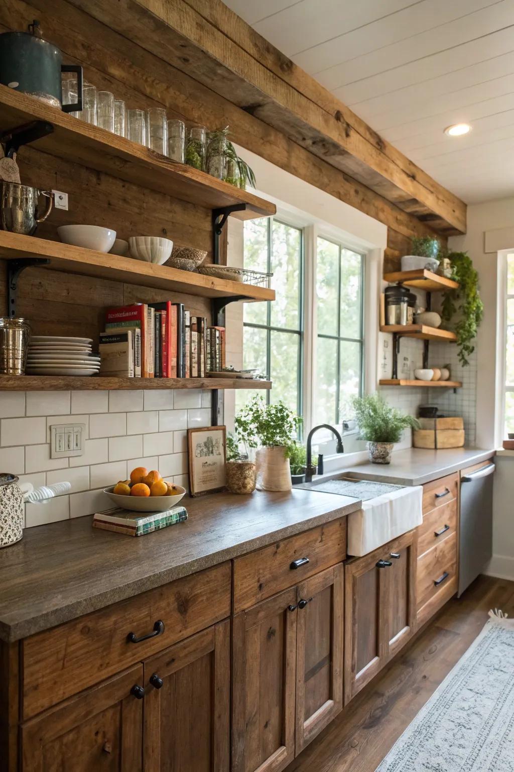 Reclaimed wood shelves inject warmth and rustic charm into the kitchen.