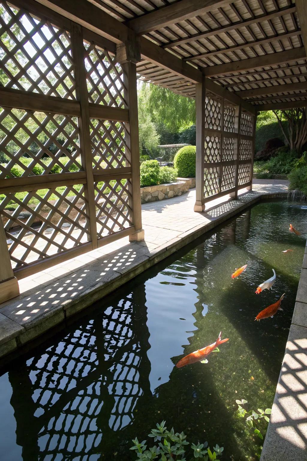 Panels add a blend of light and shade to a koi pond.