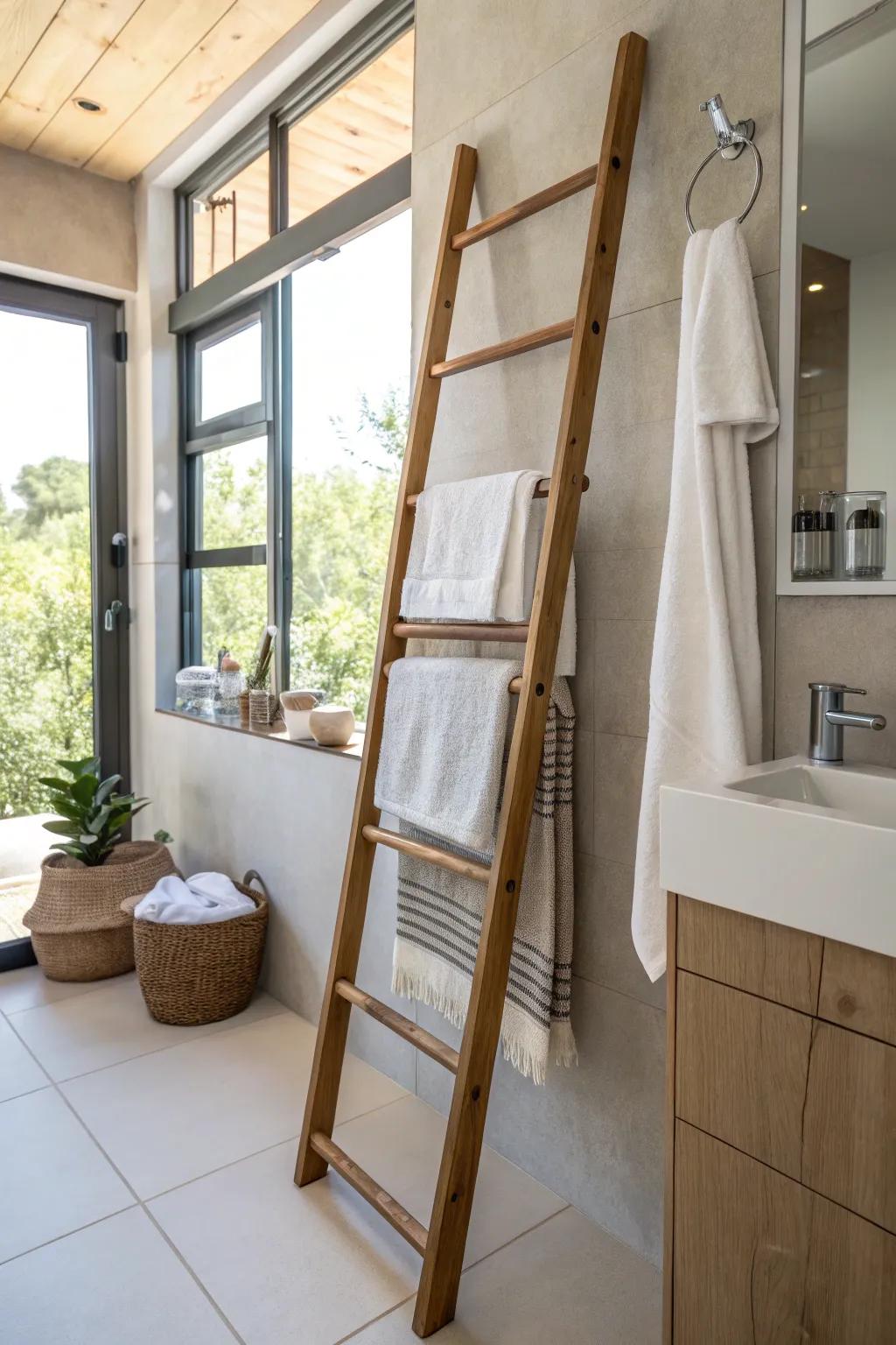 A ladder cloth rack adds style and functionality to the bathroom.