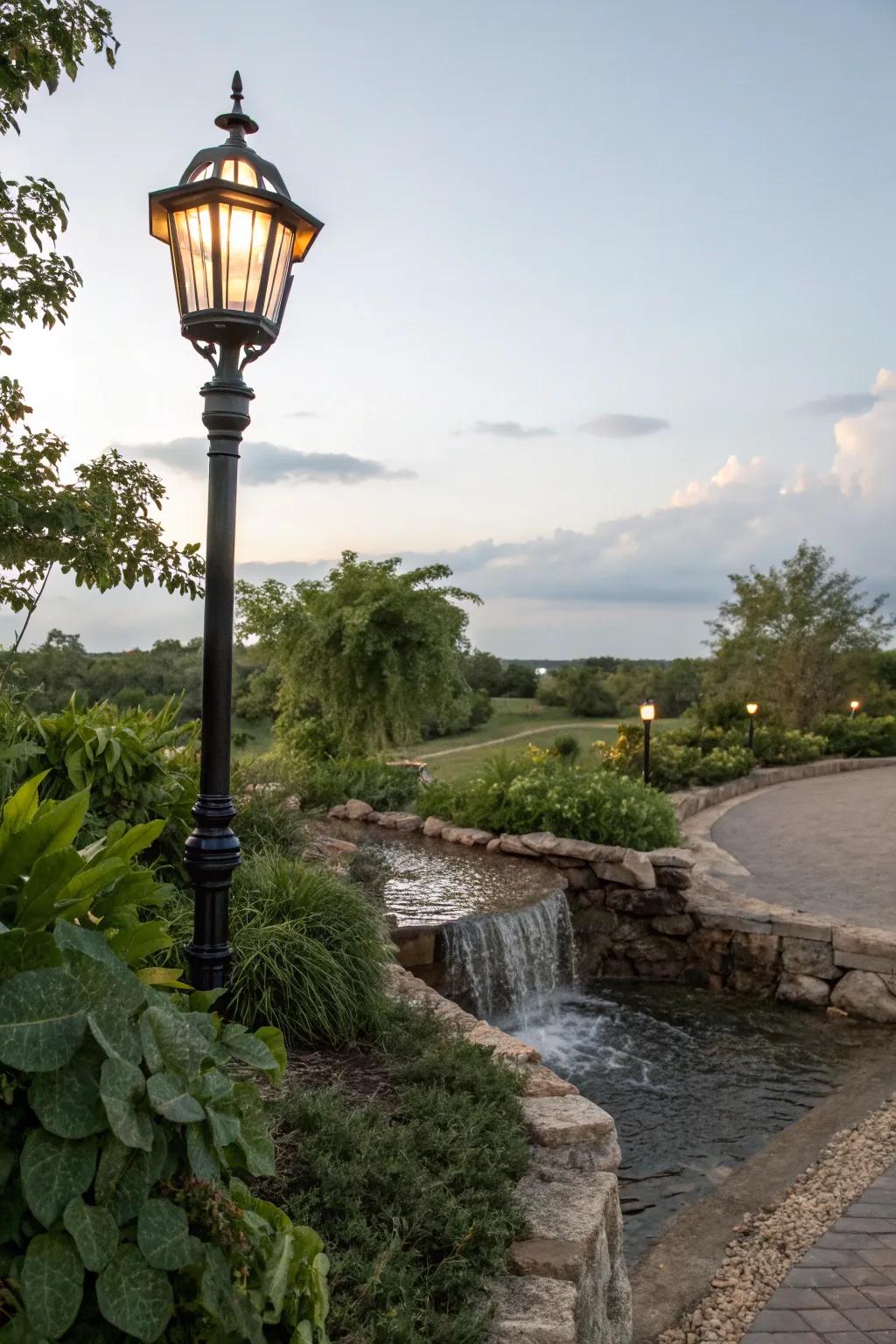 A peaceful aquatic element enhancing a lamp post setting.