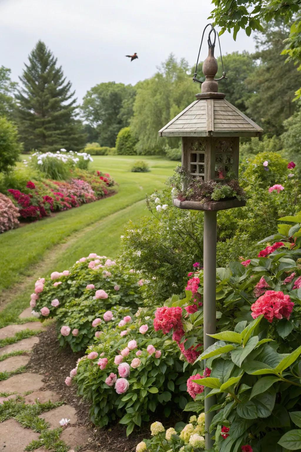 A vegetation perimeter frames your bird feeding area with organic beauty.