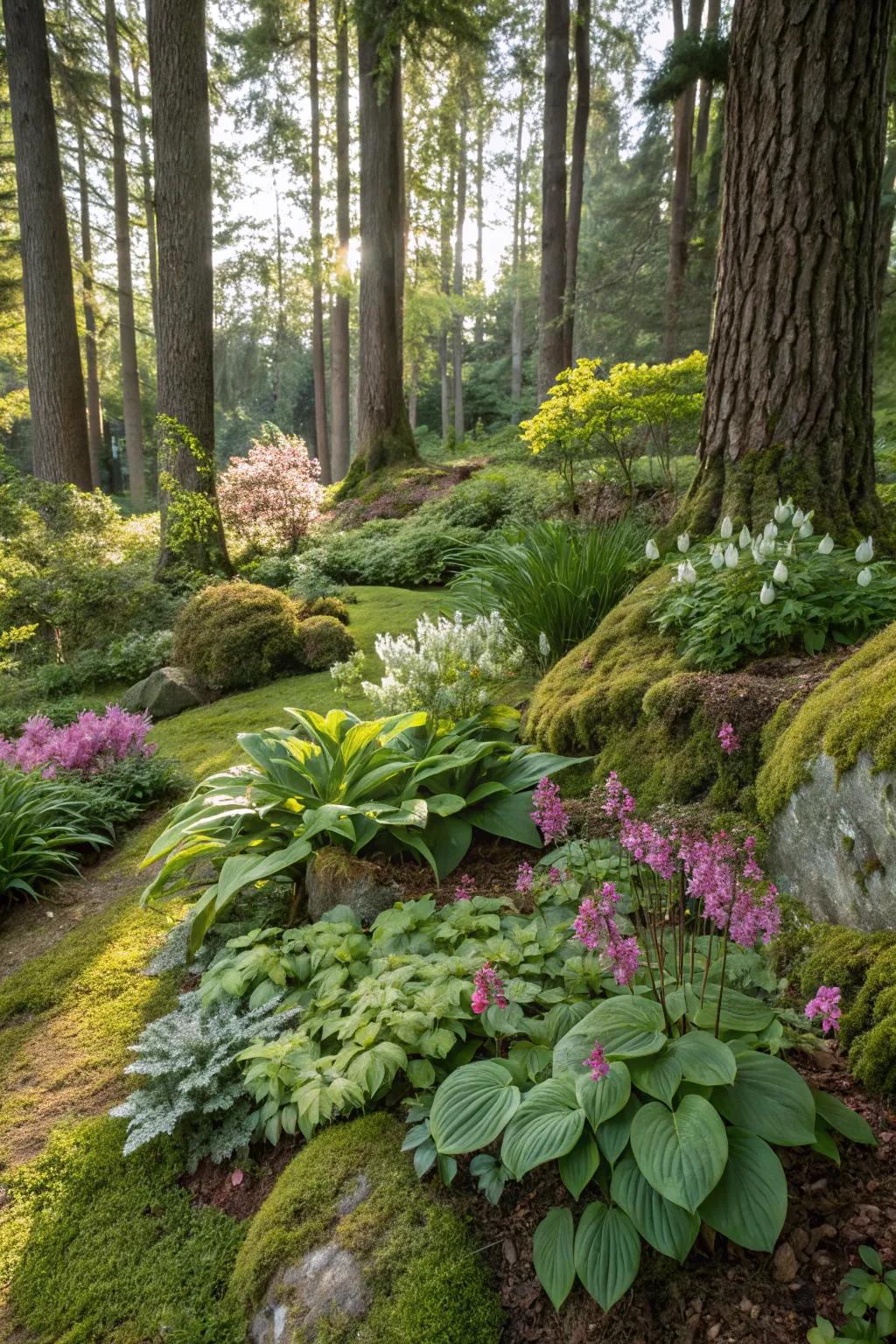 A dynamic shade garden introducing contrast to the woods.