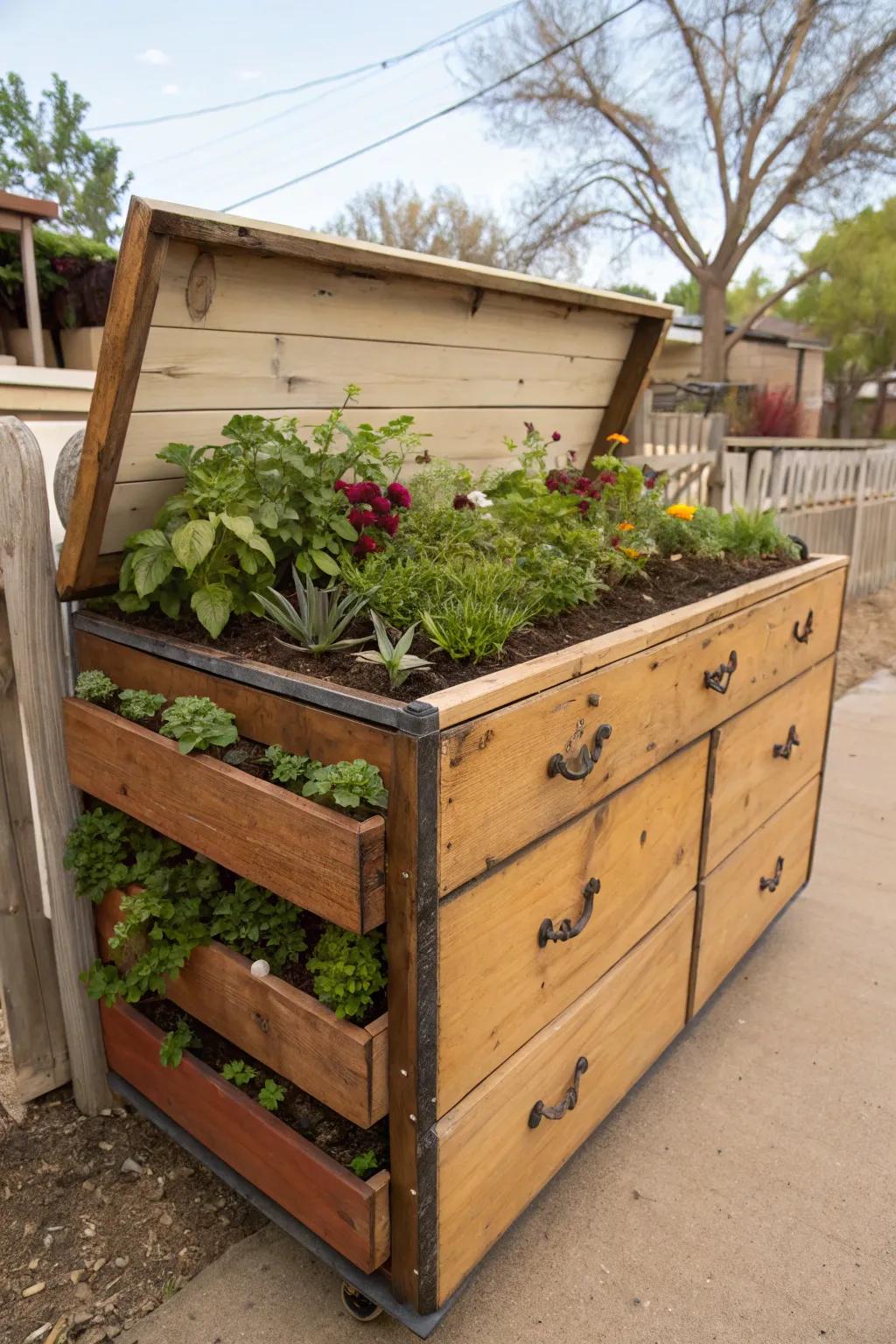 Outdated household furnishings can be inventively repurposed into charming elevated beds.