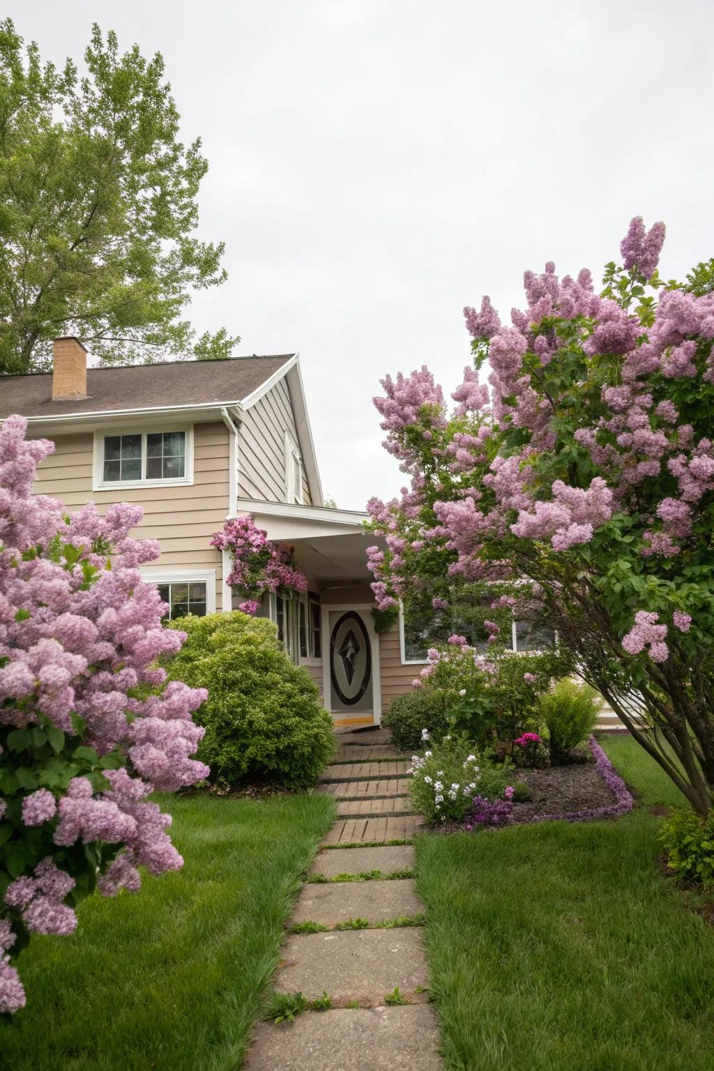 Lilacs contribute allure and fragrance to this front yard.
