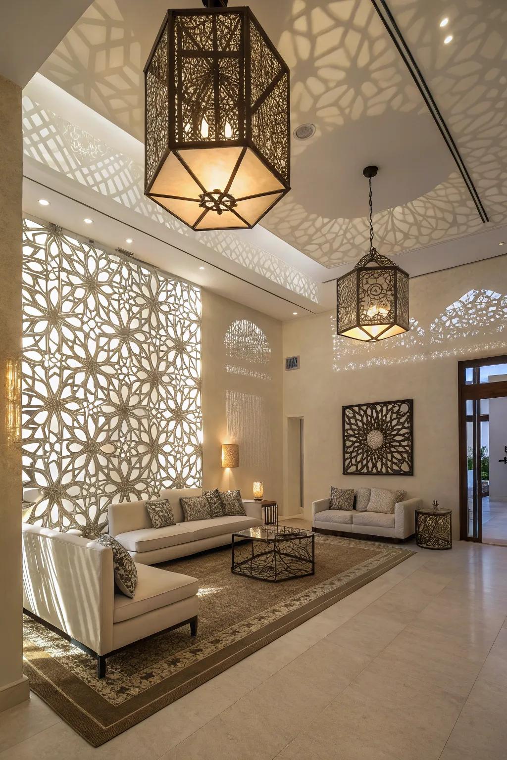 Angular lanterns present a contemporary revision with playful shadows.