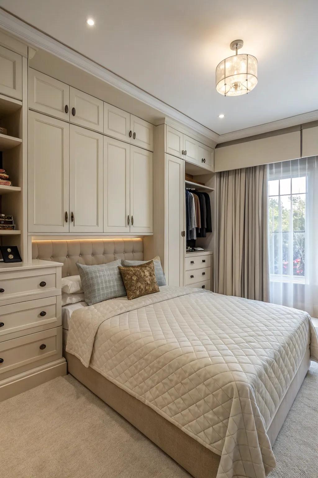 Functional storage maintains the refined and clutter-free atmosphere of this expansive bedroom.