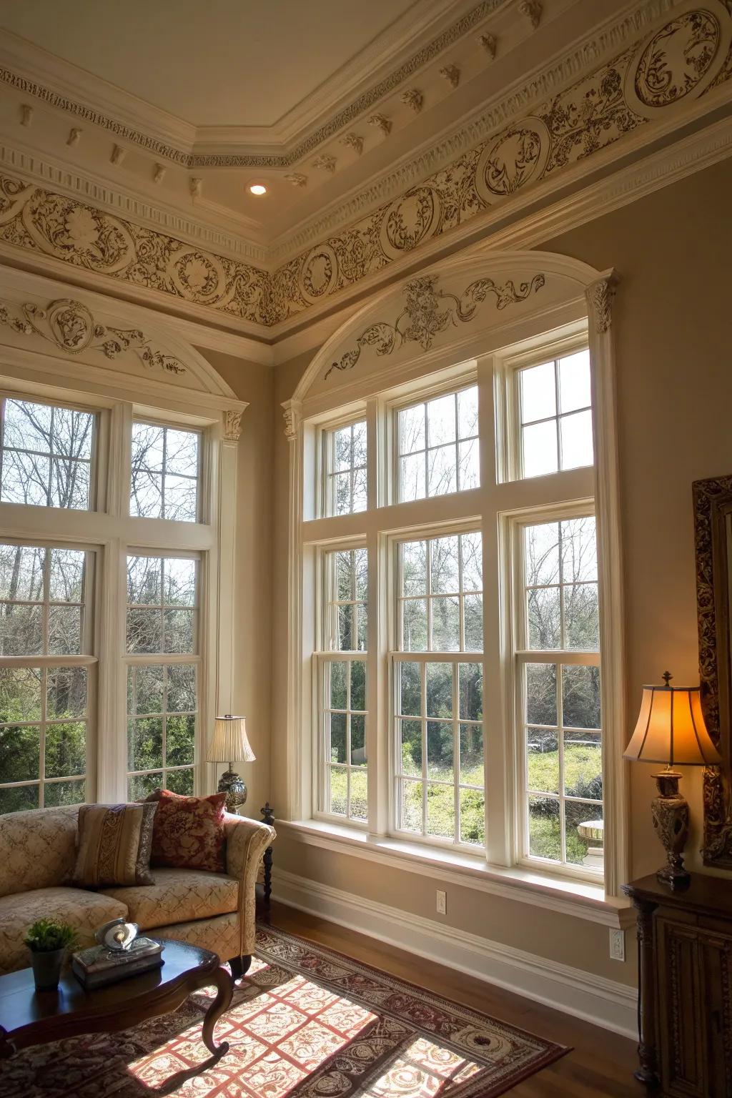 Elegant edging framing windows like works of art.