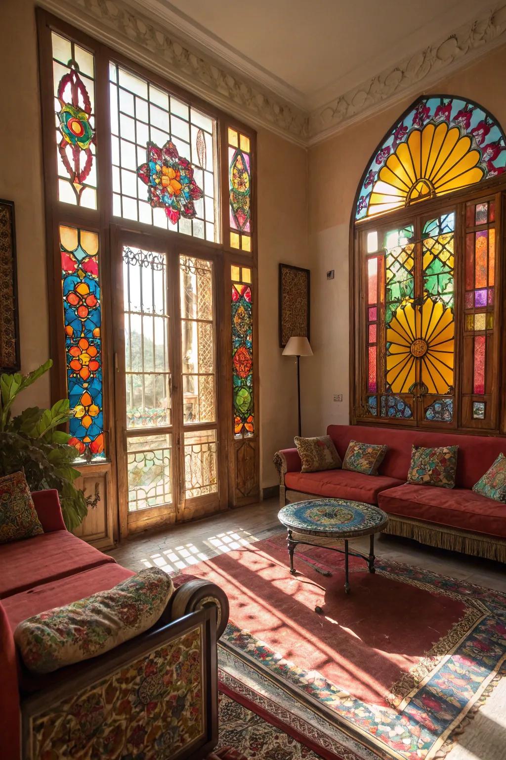 Stained glass windows throwing colorful light onto the living room floor.