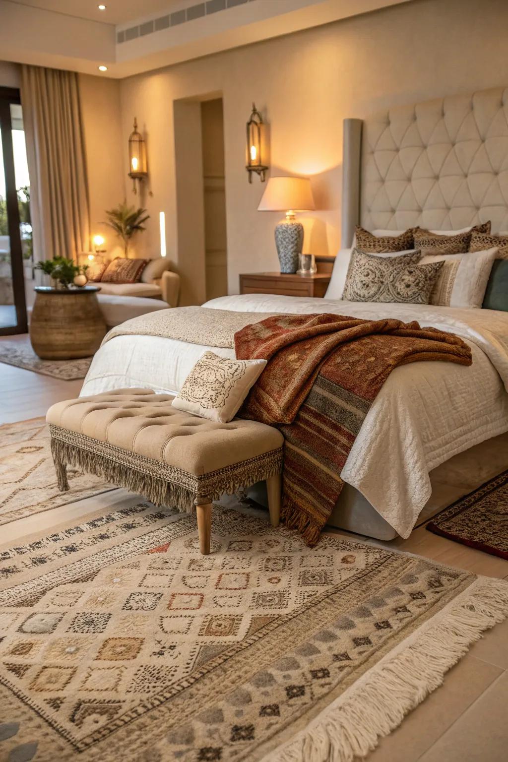Layers add depth and coziness to the bedroom.