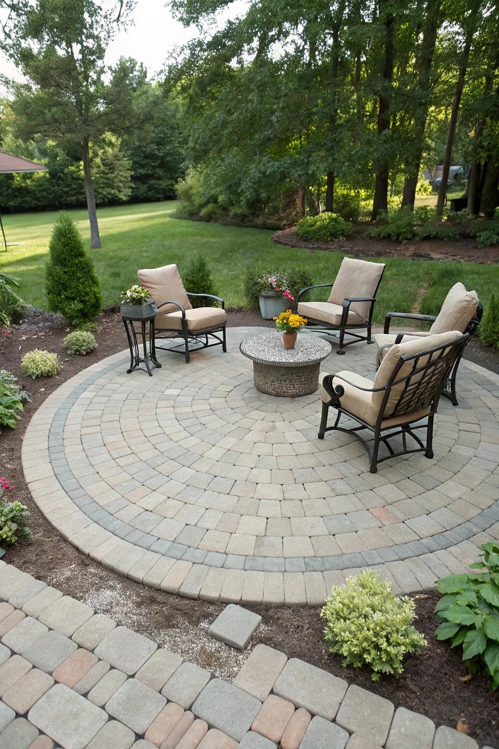 Circular patterns introduce elegance and focus to patio spaces.