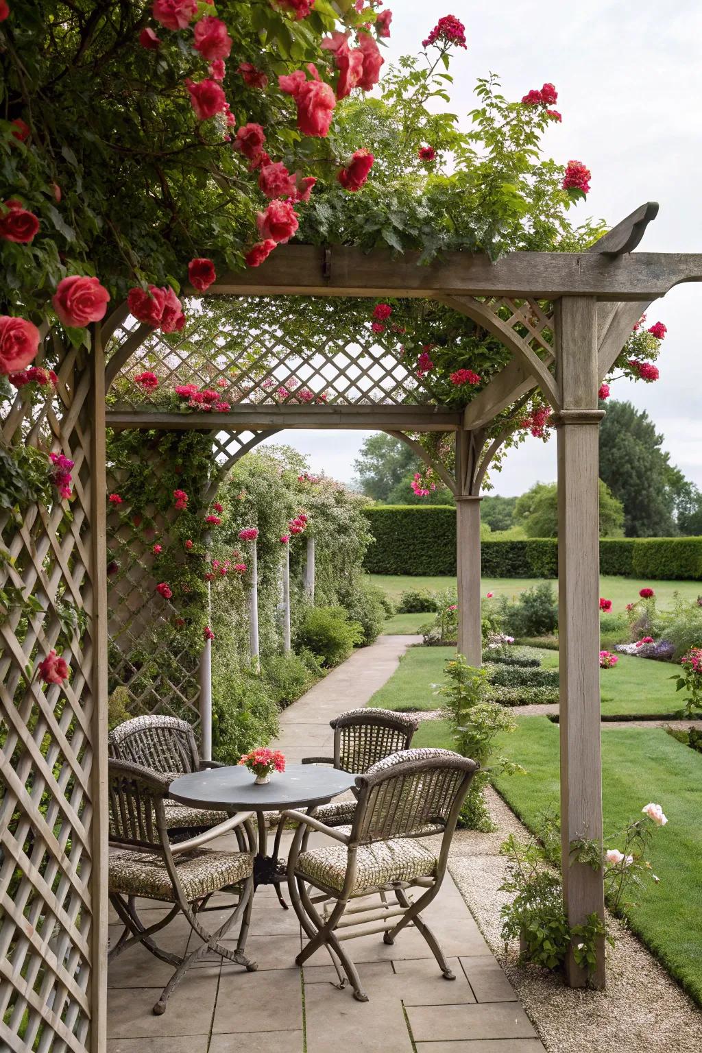 Design a secluded garden getaway with a lattice gazebo.