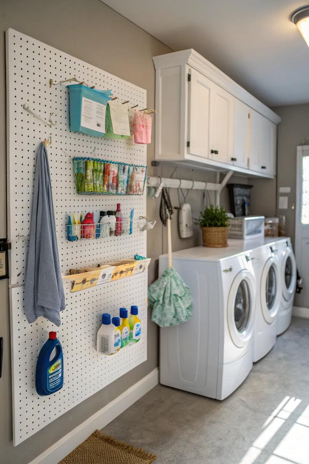 A pegboard offers smart and efficient storage solutions.