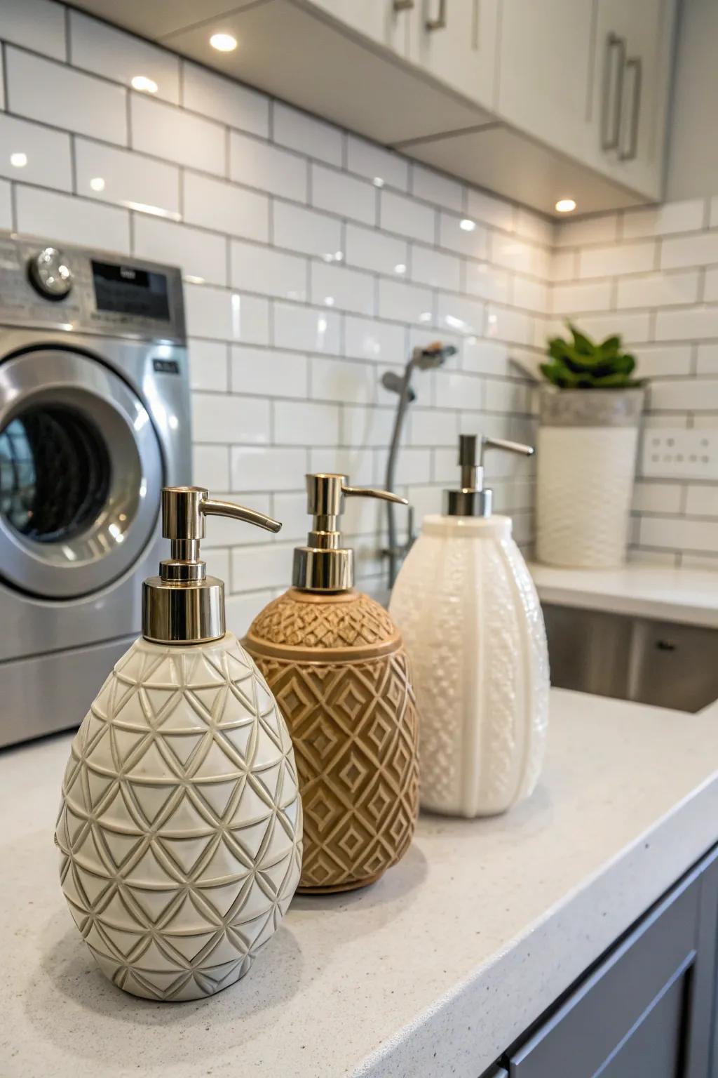 Ceramic dispensers introduce an artistic flair to your laundry arrangement.