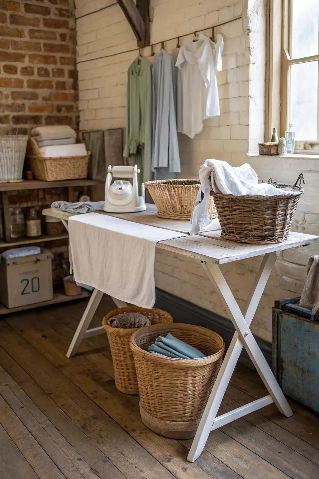 A vintage table infuses the room with timeless charm.