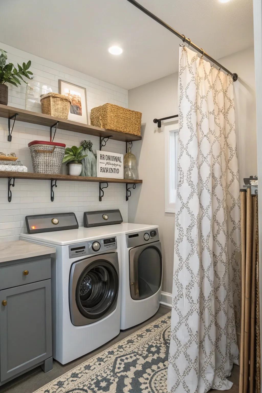 Eye-catching drape rods can add extra flair to your laundry room.