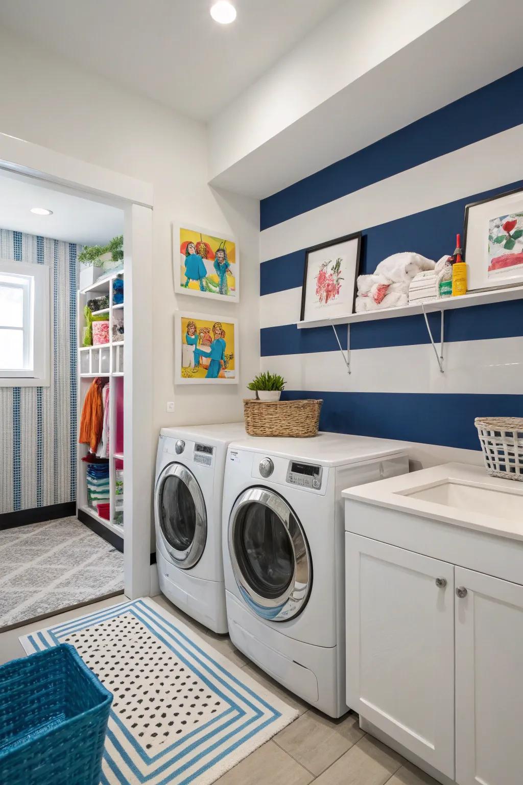 Striped walls bring a playful dynamic to your laundry space.