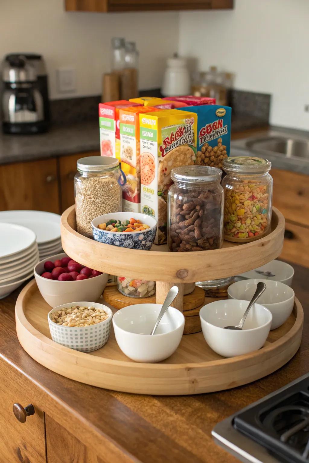 A convenient breakfast alcove setup upon a lazy Susan.