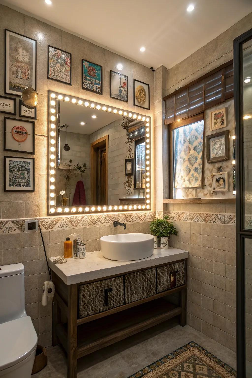 An eclectic washroom aesthetic featuring a gallery of diminutive illuminated reflections.