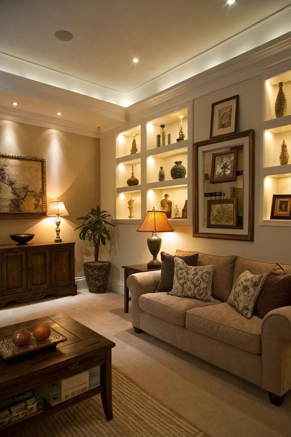 Modern touch with inset LED wall niches.