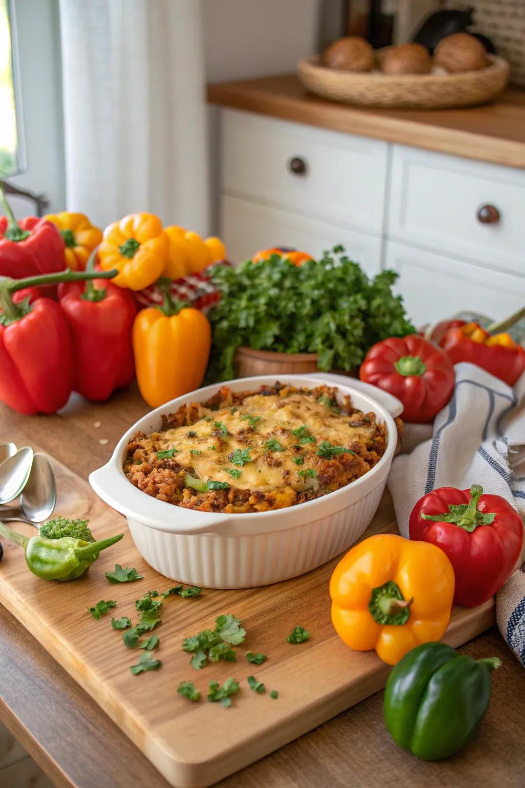 Stuffed bell pepper turkey casserole is lovely and flavorful.
