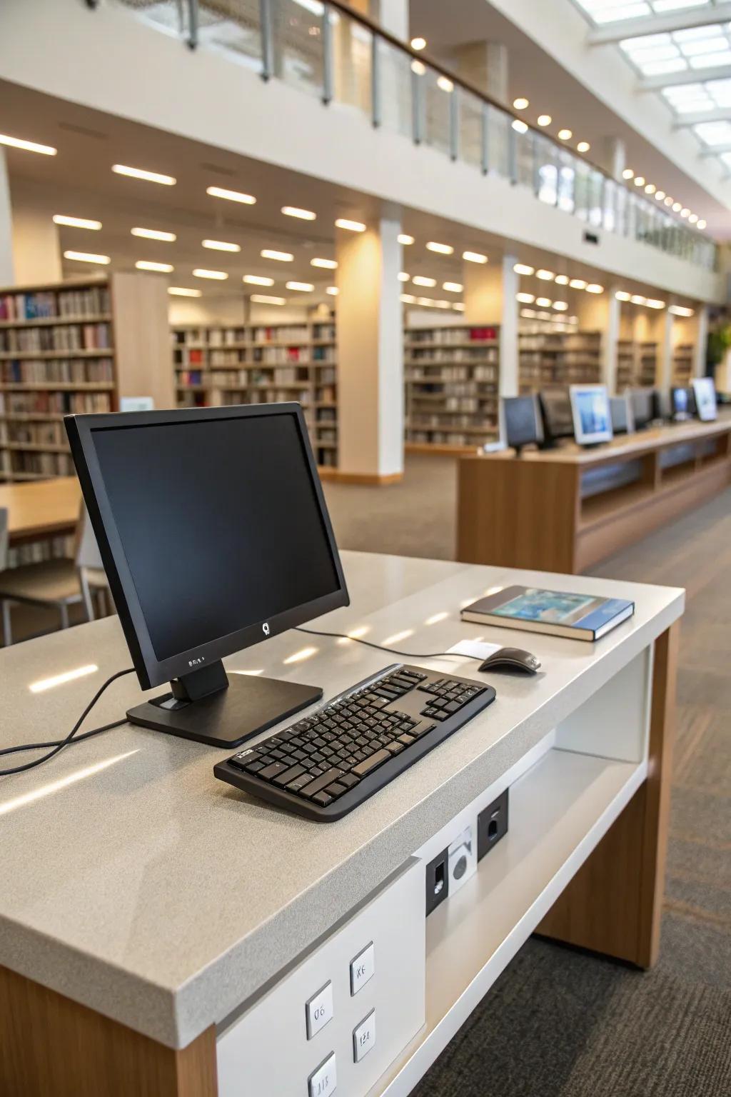 A modern library desk equipped with integrated technology for tech-oriented users.