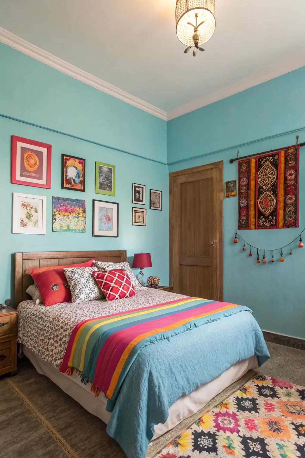 A bedroom features light blue walls contrasted with bold colors for vibrant energy.