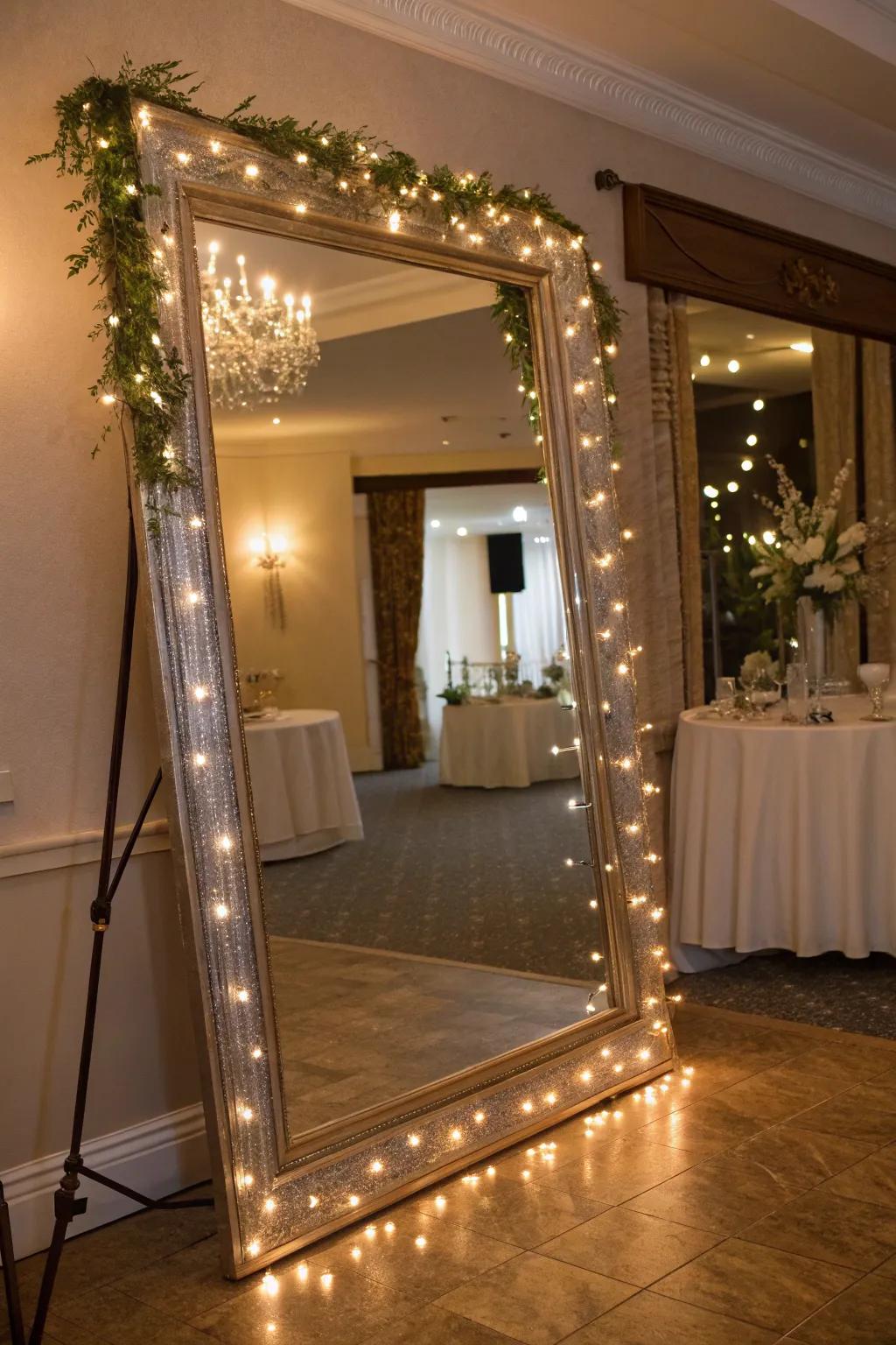 A glamorous mirror enhanced by fairy light frames.