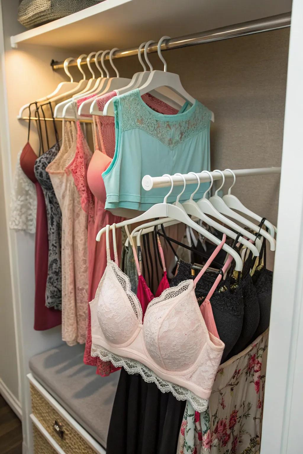 Multi-level hangers optimize limited closet space.