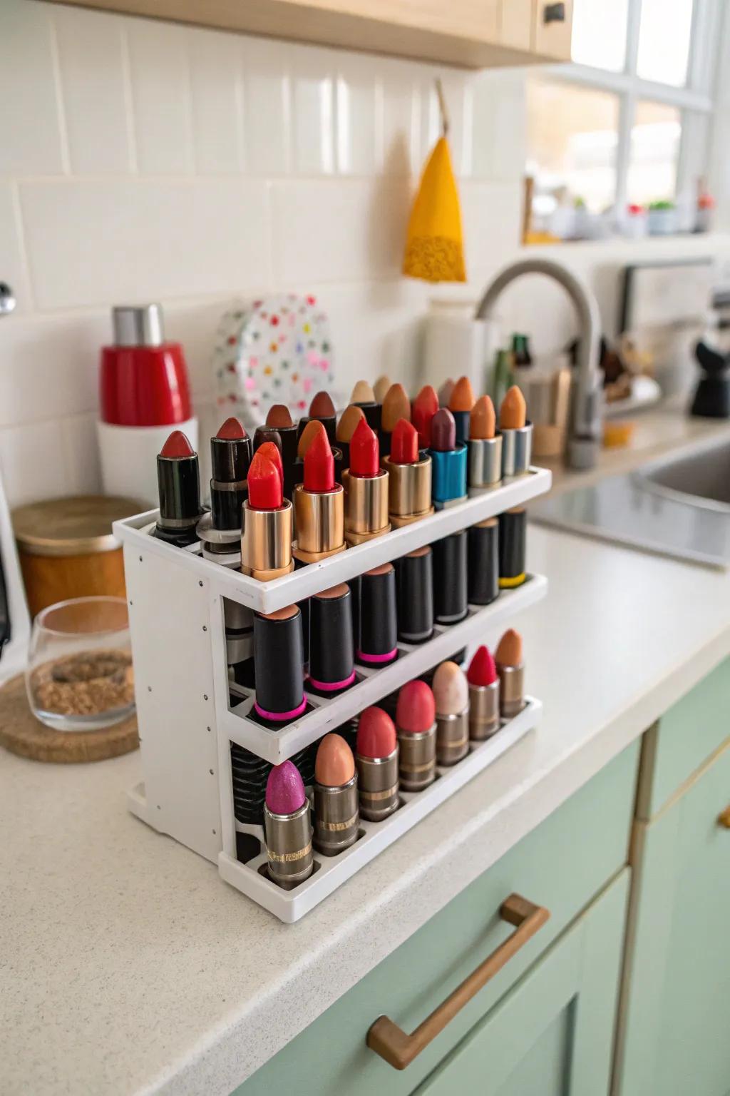 A quirky lipstick solution using a condiment rack.