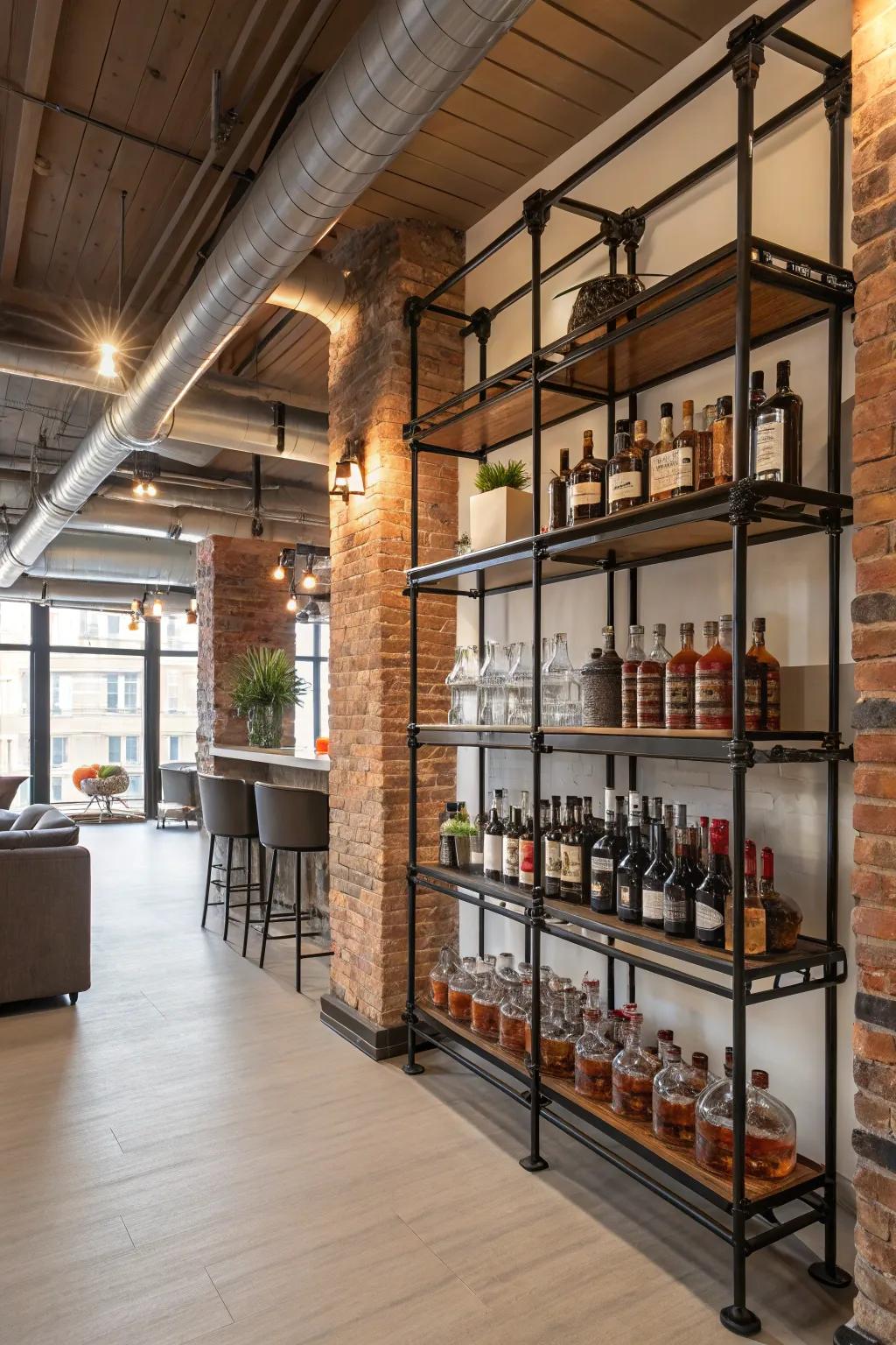 Metropolitan style with industrial pipe shelving.