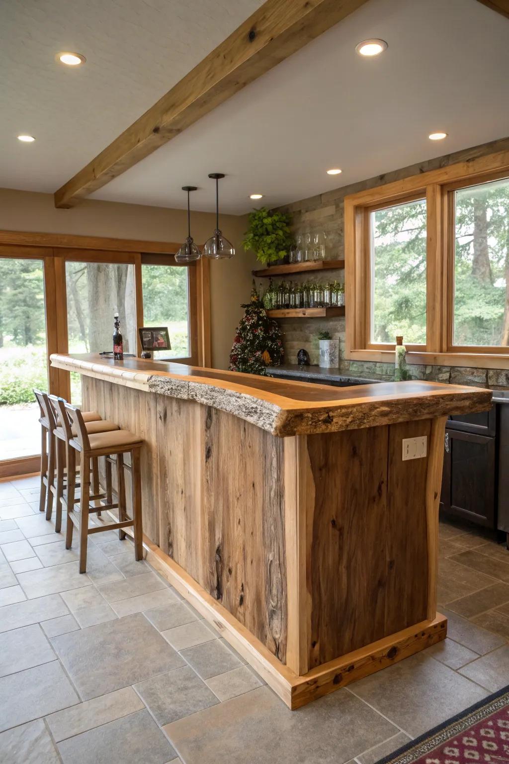 A live edge bar crafted from locally sourced lumber, emphasizing sustainable design.