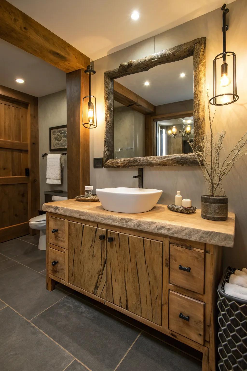 A washroom vanity showcasing the countryside elegance of a natural-edge worktop.