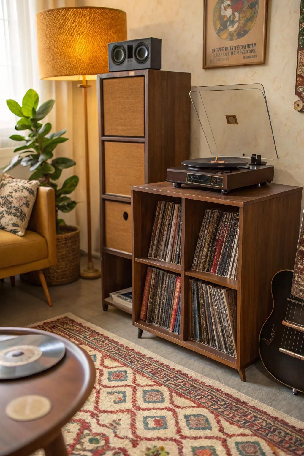A retro audio sanctuary employing modular storage for a nostalgic vibe.